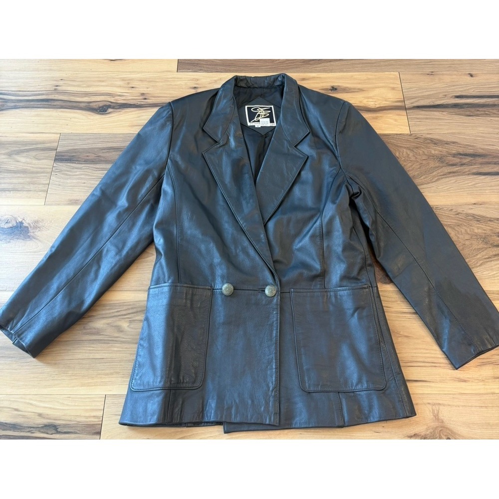 Vintage JFS Signature Leather Black Genuine Leather Blazer Jacket M Gold Buttons